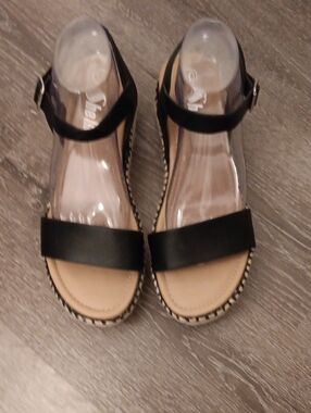 SHEIN Black Espadrille-Trim Ankle-Strap Sandals
